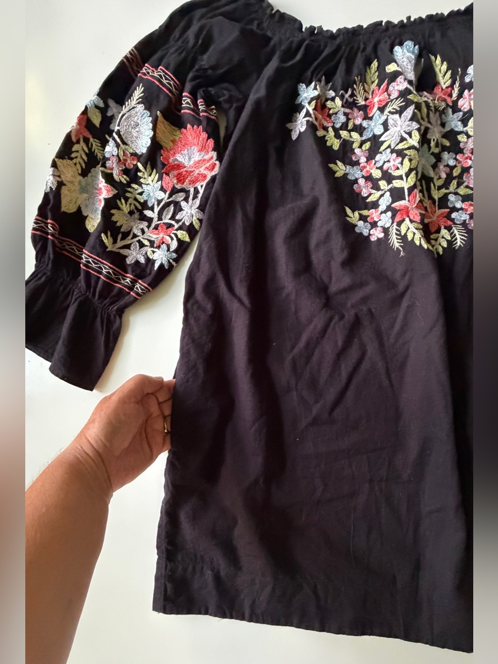 Free People Womens Dress Size M Black Floral Embroidered 3/4 Sleeve Side Pockets - Picture 9 of 10